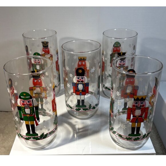 Libby Nutcracker Holiday Glasses Festive Snowflake Design Holly Accents Set Of 5 - Picture 2 of 9